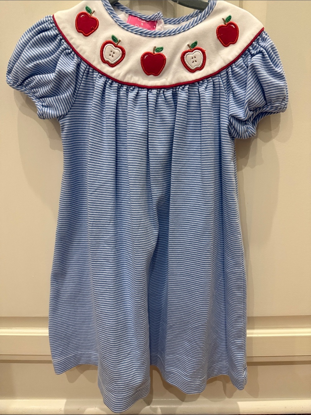 Blue and White Striped' Apple Appliqué Knit Dress